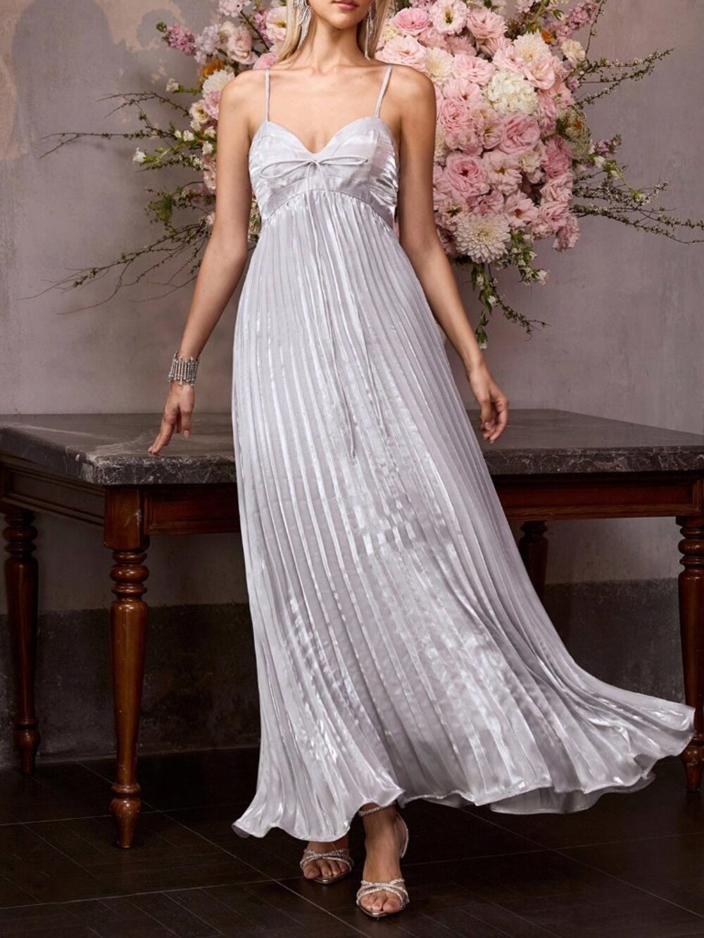 Silver Elegant Women's Premium Bow Bust Pleated Slip Maxi Dress - Picture 5 of 9